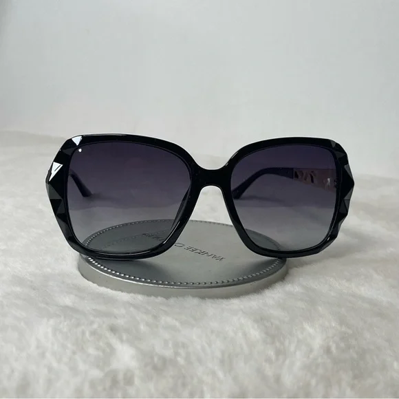 Black & Gold Oversized Square Sunglasses Polarized Tinted w Crystal Frames Nwt - Picture 8 of 13